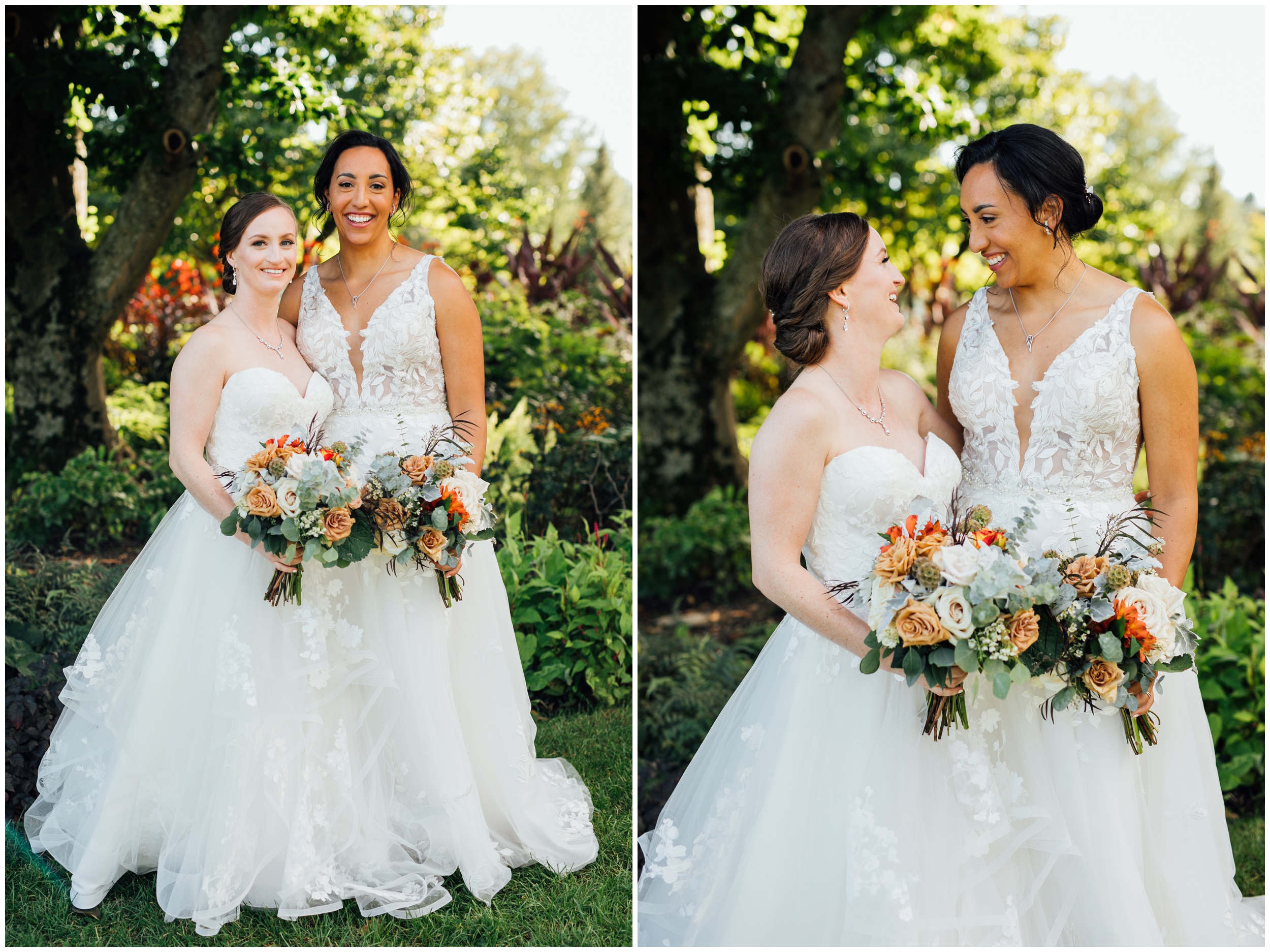 Two brides holding bouquets in the gardens at New England Botanic Garden at Tower Hill during their same sex wedding